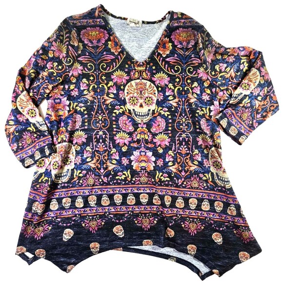 One World Women’s XL Floral Rhinestone Skull Embellished Tunic Top Whimsy Artsy - Picture 1 of 8